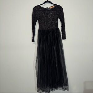 Ananas Womens Black Beaded Lace Tulle Maxi Gown Long Sleeve Formal Dress Size S